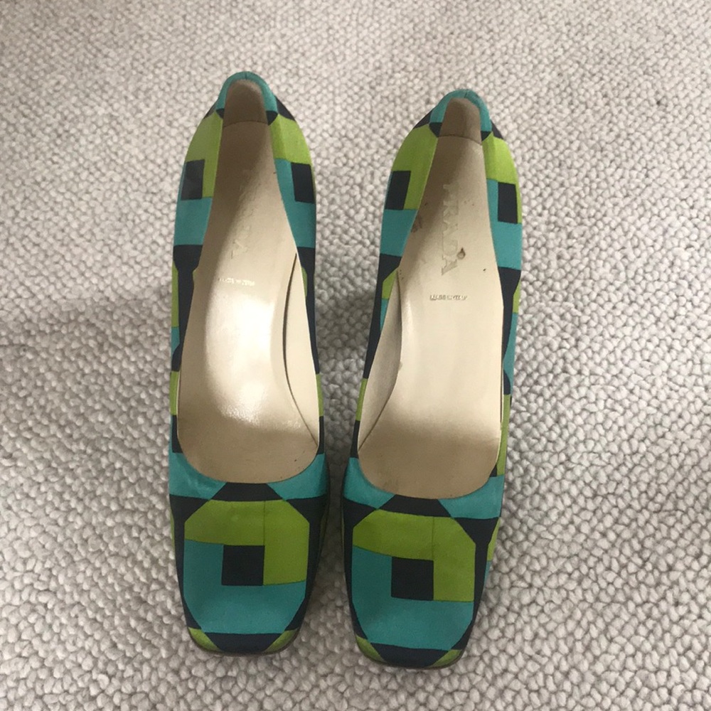 Green and Blue Prada Block Heels